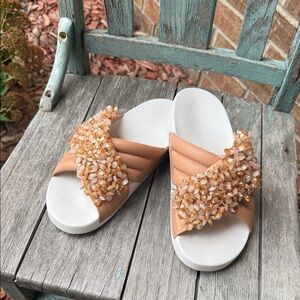 Embellished Tan Slide Sandals for Women - Bead Accent
